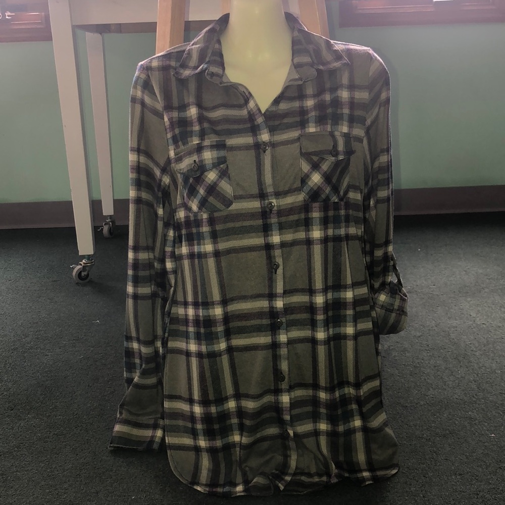 Green, purple, navy, & white blouse flannel